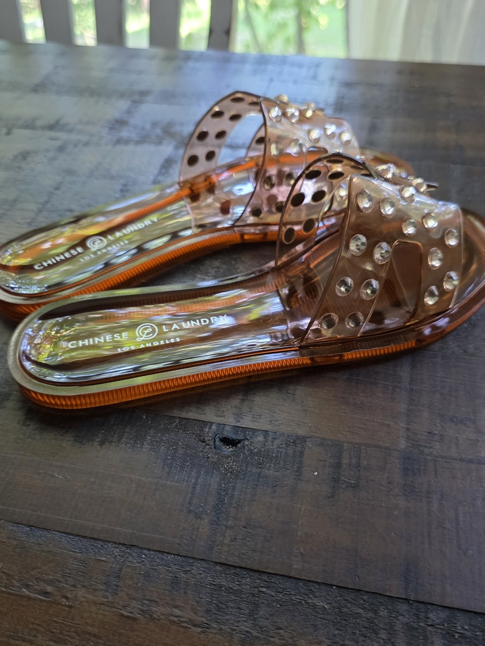 Chinese Laundry Clear Amber Gem Slide Sandals